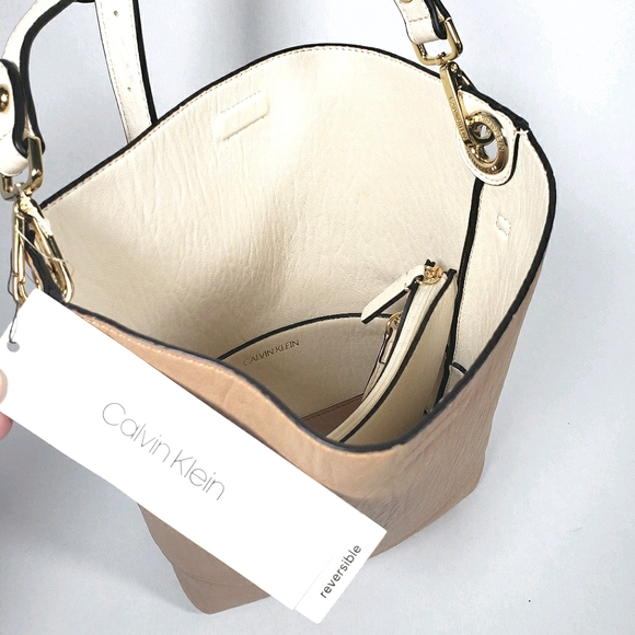 Calvin Klein Reversible Bucket Bag Purse White Tan - Picture 6 of 10